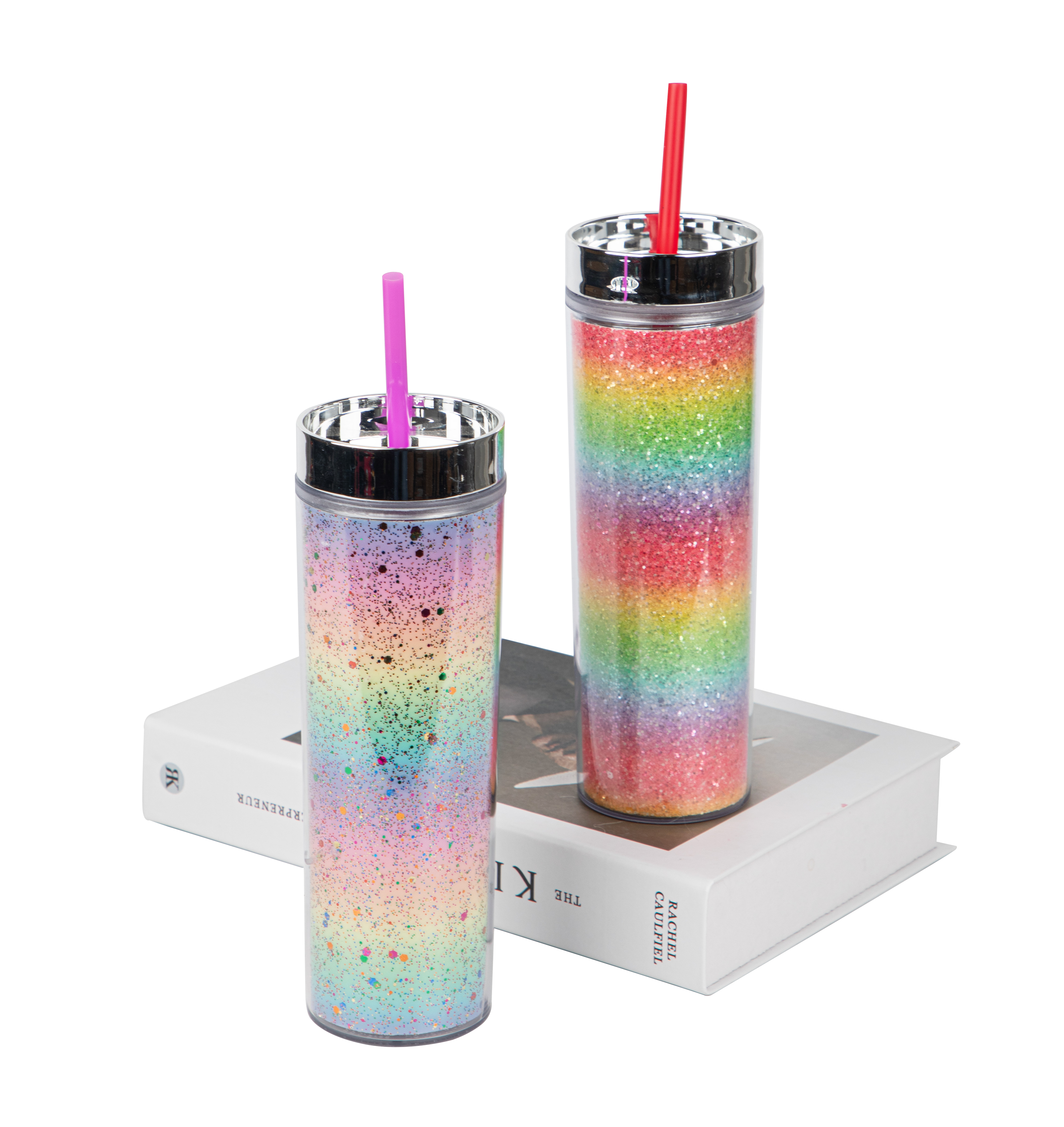 qinge Rainbow-Colored Double-Layer Insulated Plastic Straw Cup
