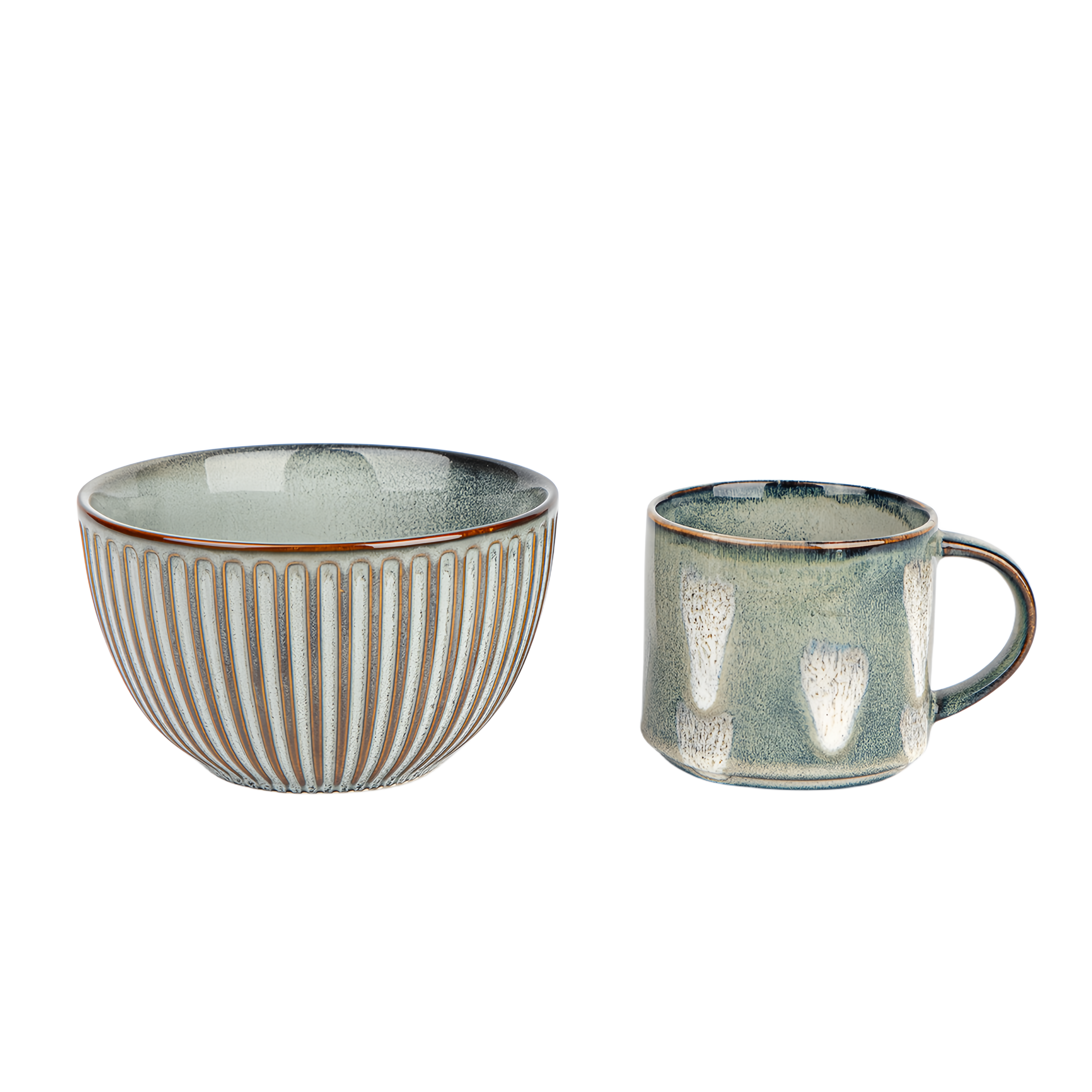 qinge Green Striped Bowl and Plate Set of Two