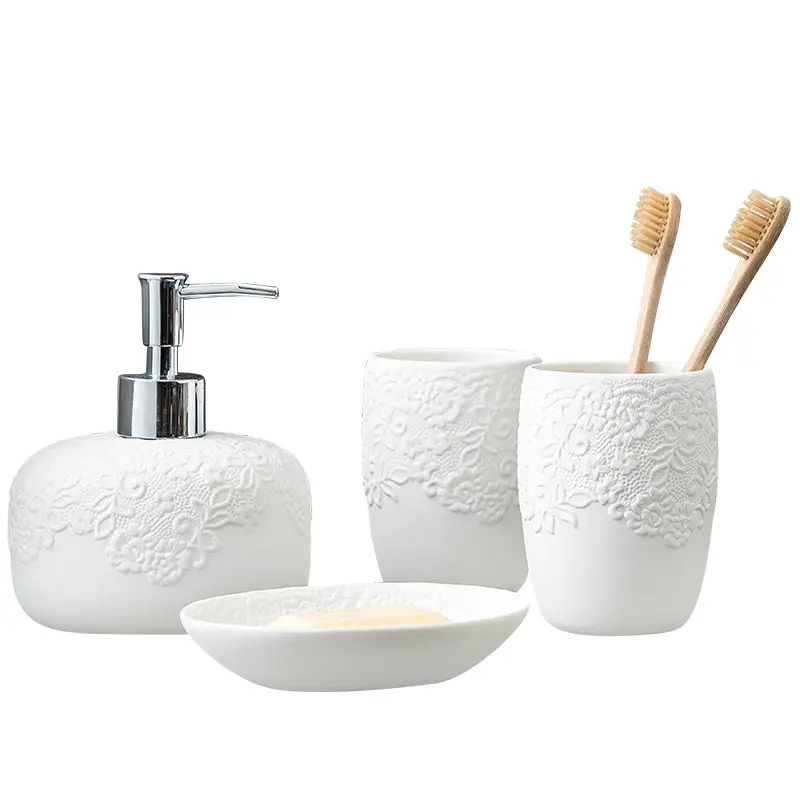 qinge 4pieces nordic style ceramics fashion customized wholesale soap dish toothbrush holder dispenser tumble bathroom sink set